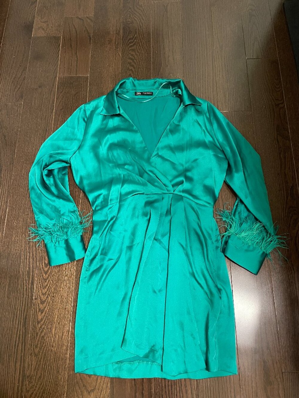 Zara Satin Feather Trim Mini Dress